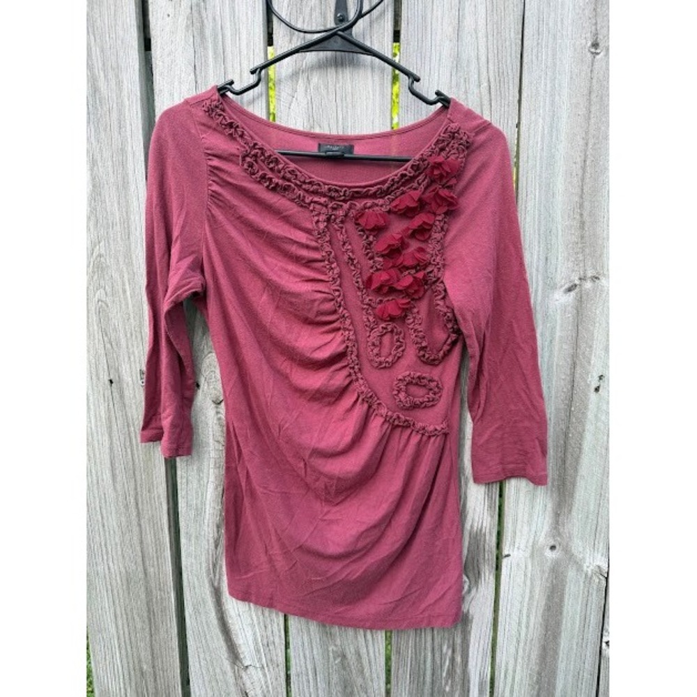 Boho Deletta Anthropologie Top Womens Small Pink Floral Applique Ruffle Sleeve
